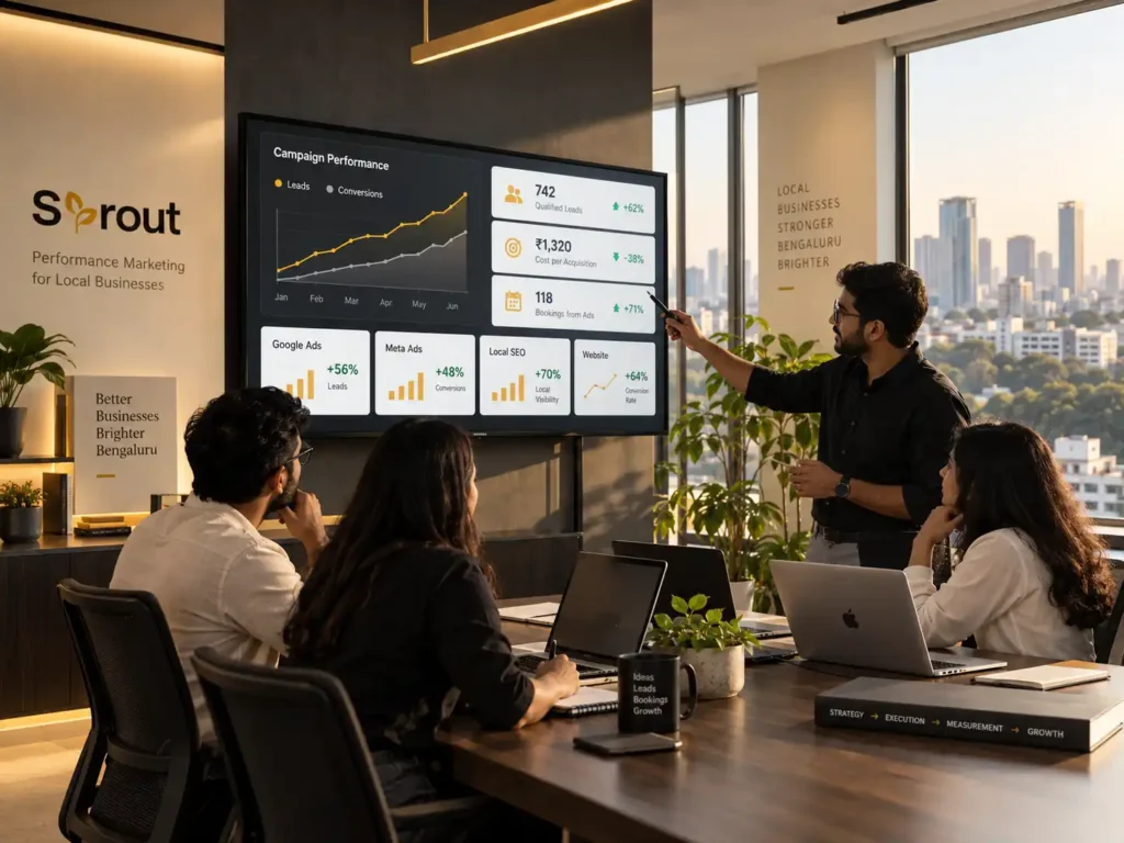 Digital Sprout performance marketing team in Bengaluru reviewing campaign performance, qualified leads, CPA, Google Ads, Meta Ads, and Local SEO data.
