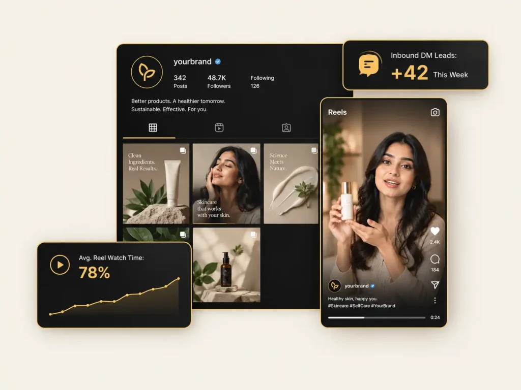 Social media management agency dashboard showing Instagram Reels retention and inbound DM leads